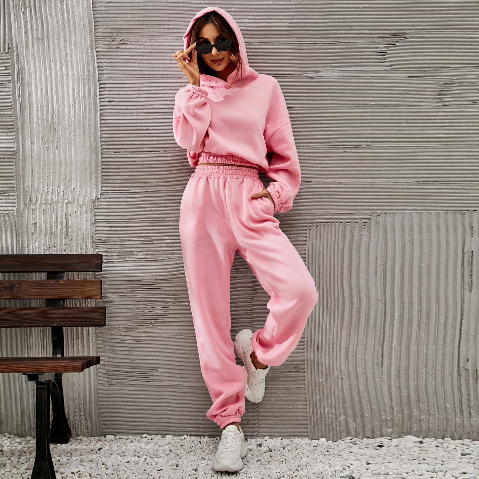 Olyvenn Two-Pieces Hoodie Long Sleeve Sweatshirt + Sweatpants Elastic  Trousers Suit Womens Loose Casual Cutumn And Winter Solid Color Pullover  Female Leisure S 
